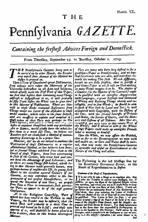 The Pennsylvania Gazette, 1729 — a plate from the book
