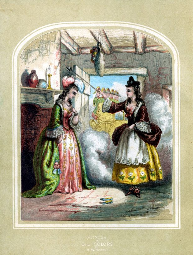 Cinderella in her finery with the Queen of the Faëries — the hand-coloured frontispiece of the 1855 edition