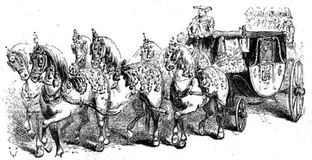 The pumpkin coach, with its horses and footmen — a plate from the book