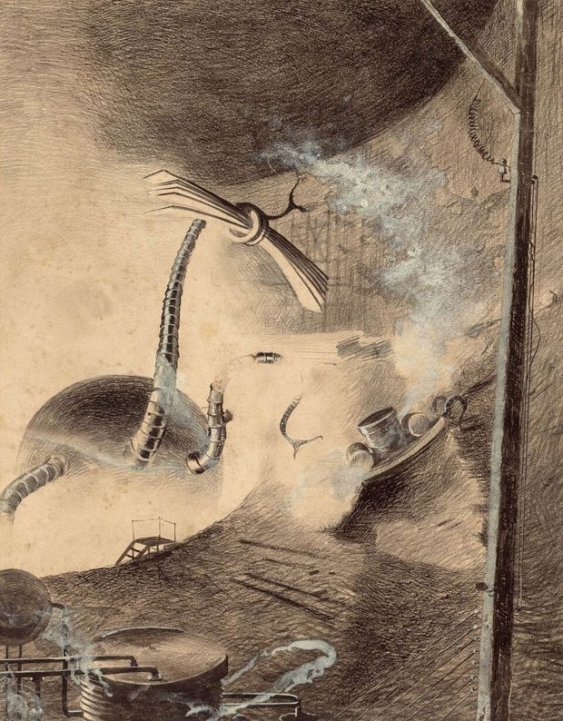 A Martian handling-machine in the pit — plate by Henrique Alvim Corrêa, 1906